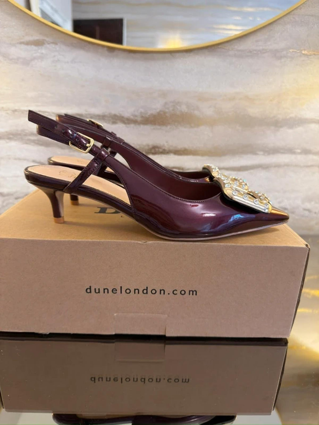 Dune Burgundy Patent Diamanté Heels 4