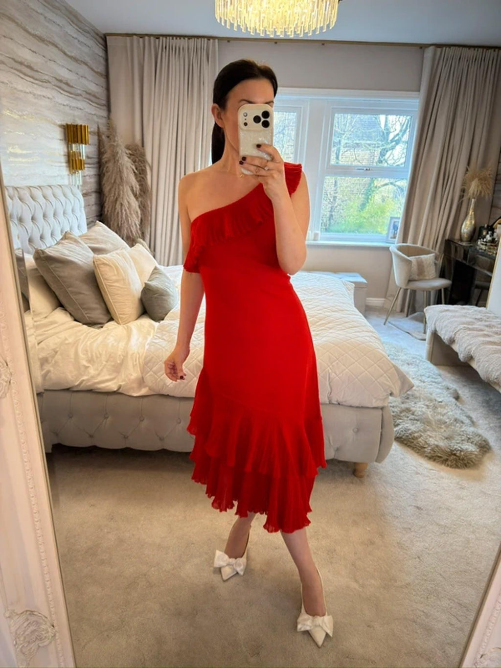 BNWT Mango Red Asymmetrical Frill Midi Dress Medium