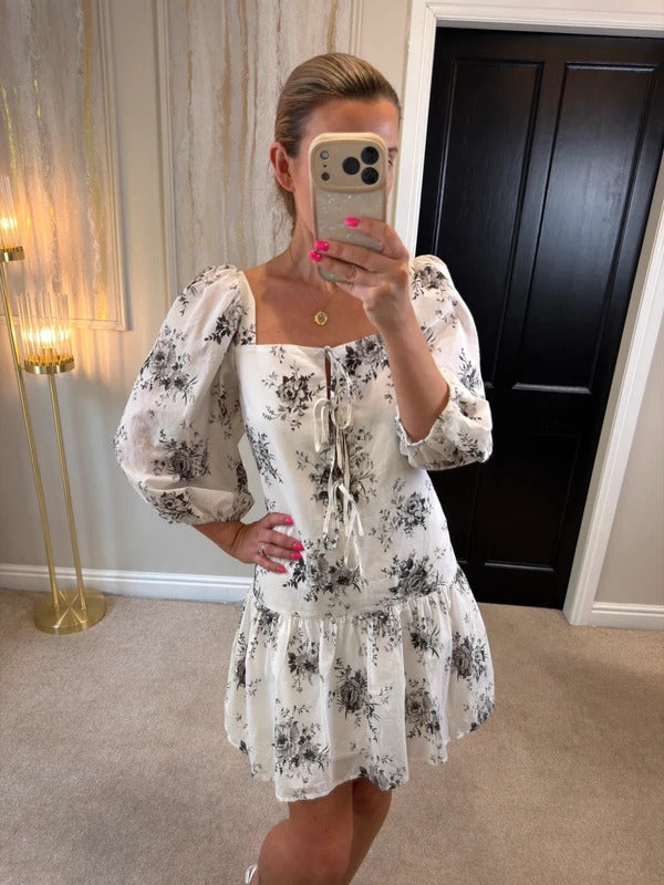 H&M White Floral Tie Front Drop Hem Dress Medium BNWT