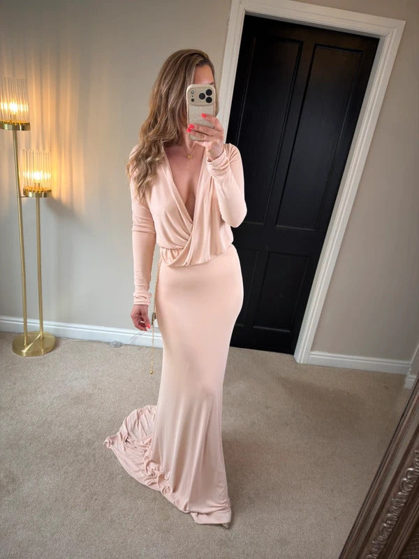 Gorgeous Couture Light Pink / Nude Plunge Dress Small