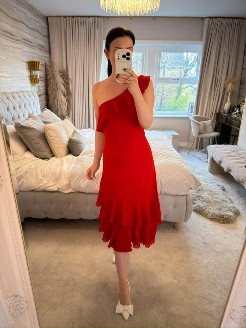 BNWT Mango Red Asymmetrical Frill Midi Dress Medium