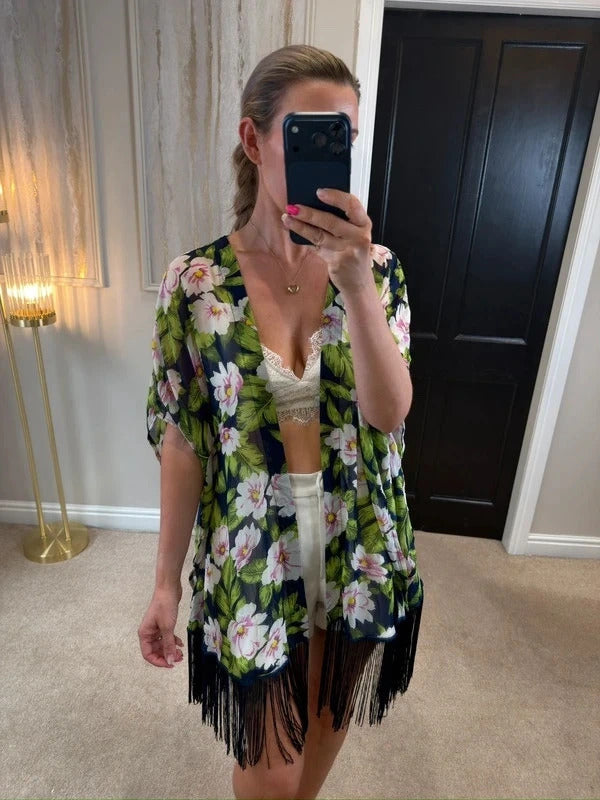Urmoda Navy Floral Fringe Kimono Medium