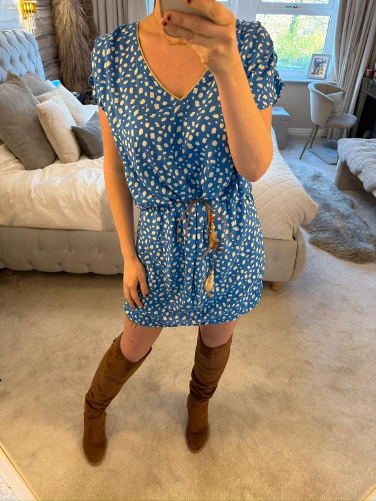 GOA Blue & White Boho Tie Mini Dress 10