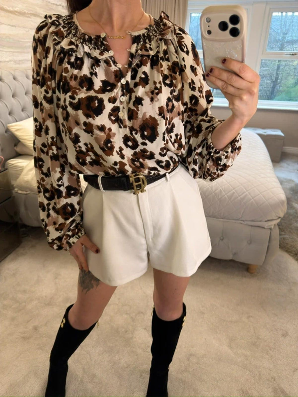 White & Brown Boho Animal Print Blouse 16