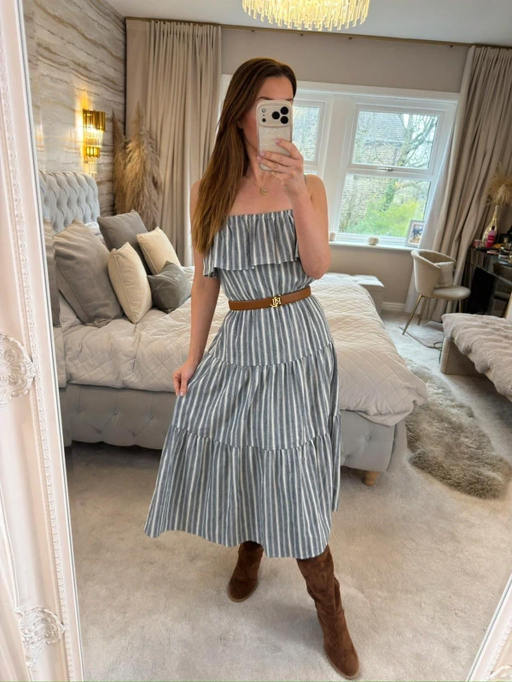 Michael Kors Stripe Tiered Linen Mix Midi Dress XS