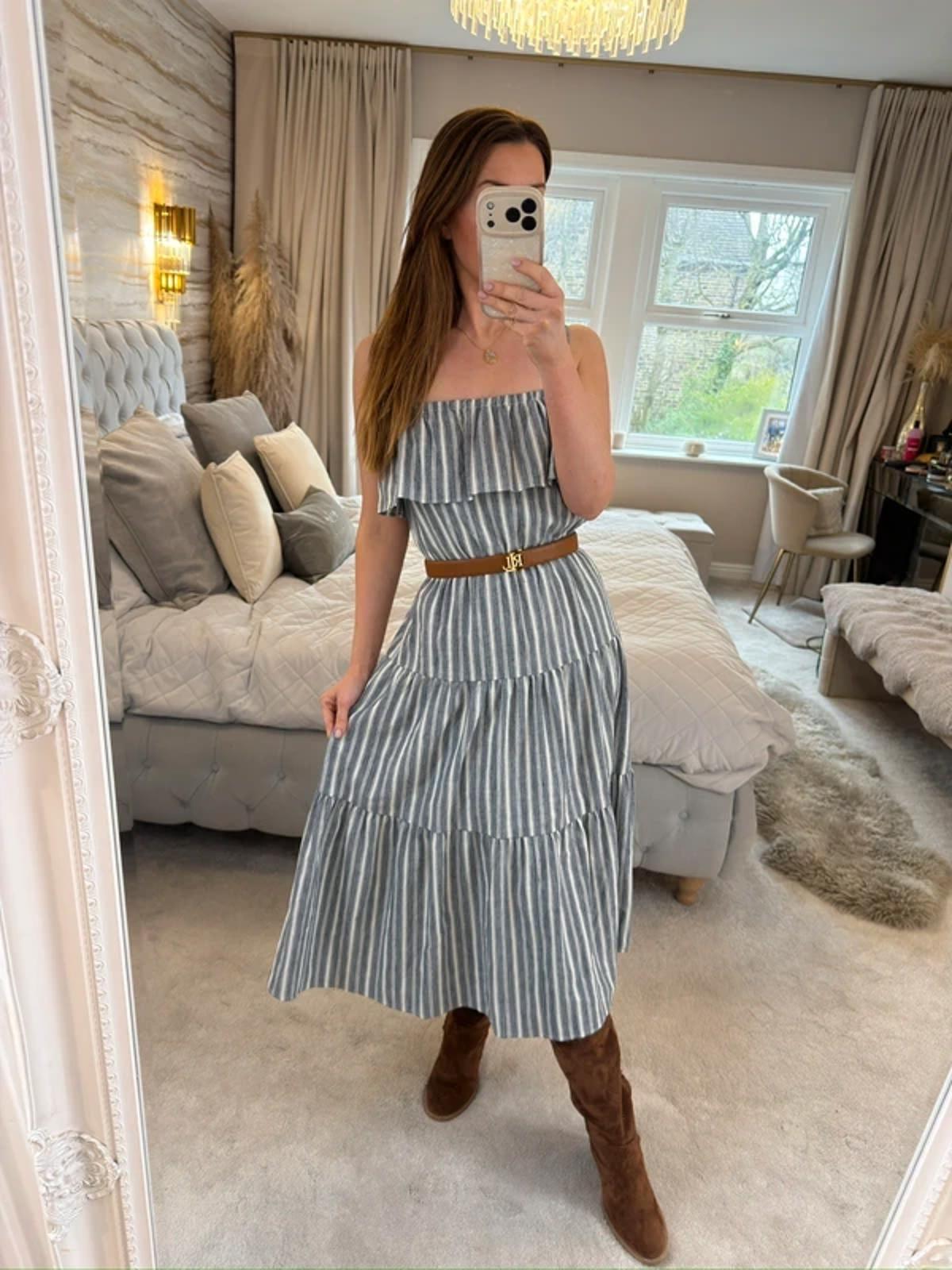 Michael Kors Stripe Tiered Linen Mix Midi Dress XS