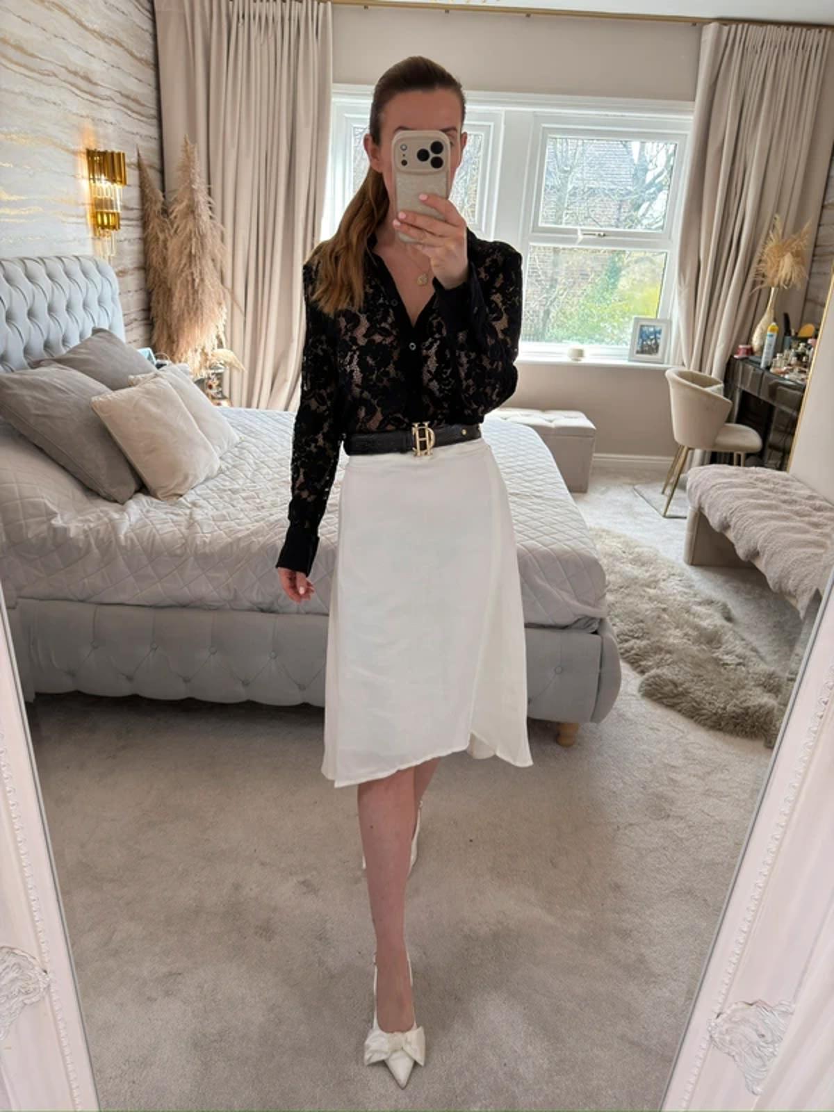 M&S White Linen Blend Dip Hem Midi Skirt 12