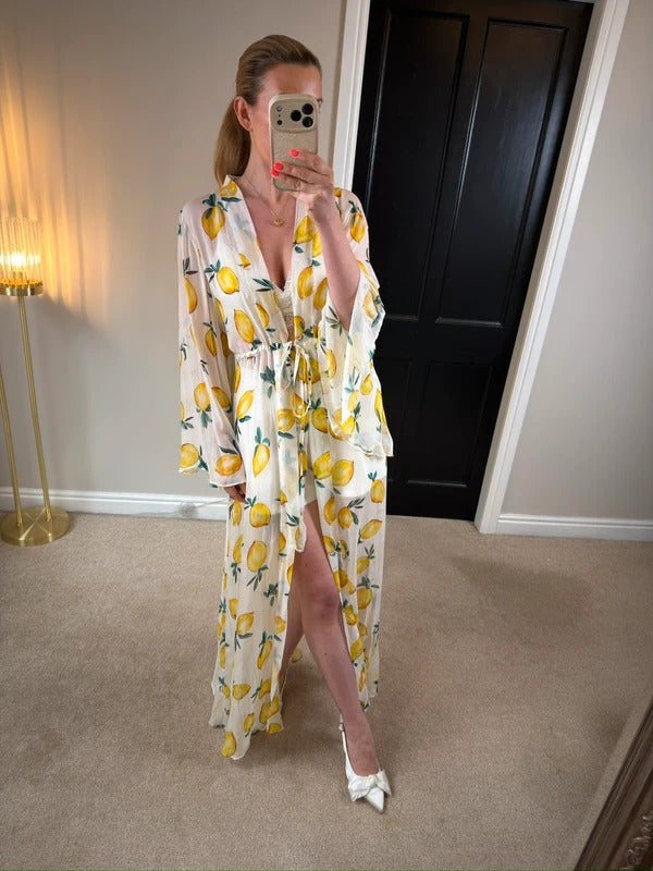 Alexandra Miro Chloe Gown Sorento White Lemon Maxi Kimono Small