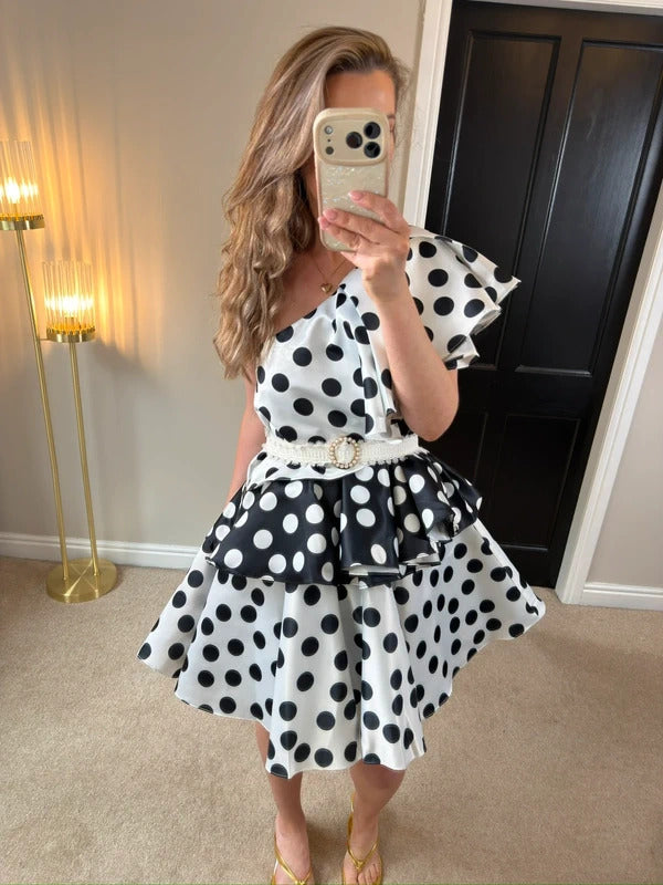 BNWT Forever Unique Black & White Polka Dot Layered One Shoulder Dress 8