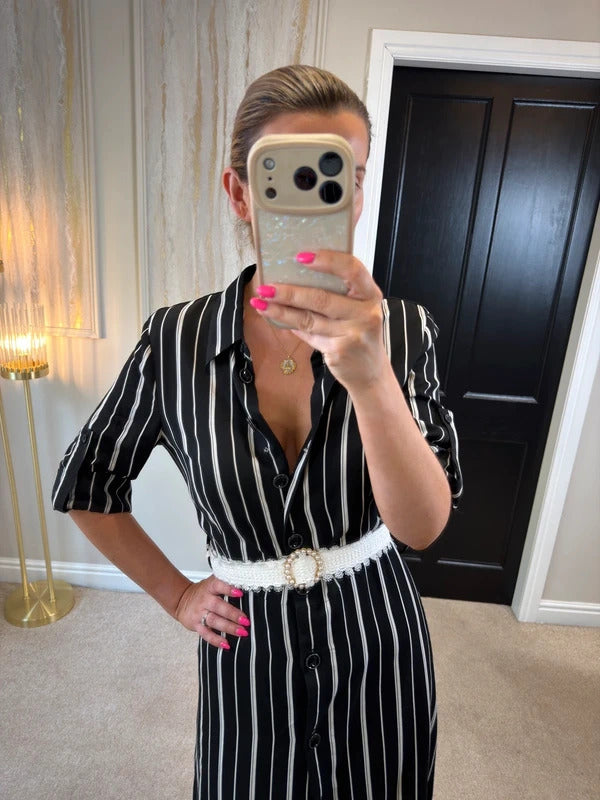 Riani Black & White Striped Shirt Dress Short Sleeve Size 10