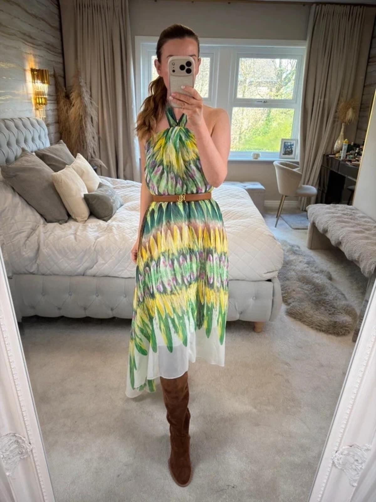 Caroline Morgan Green & Yellow Halterneck Dip Hem Dress 8