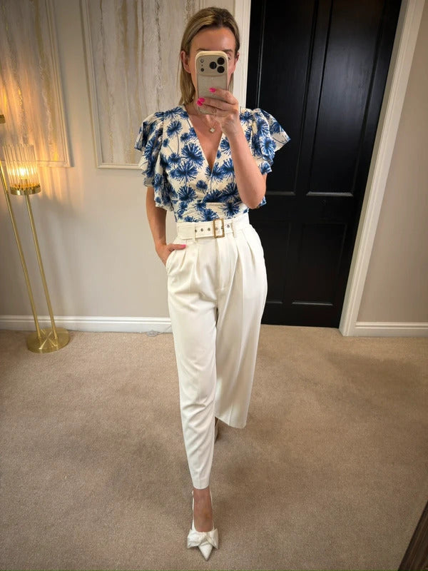Zara Blue & White Frill Wrap Blouse Small