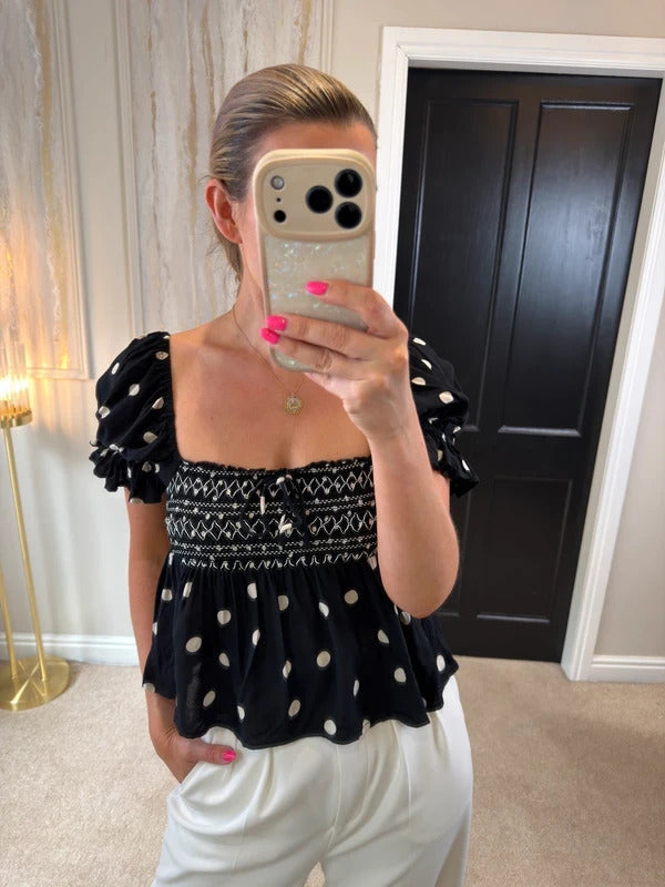 River Island Black Polka Dot Boho Blouse XS