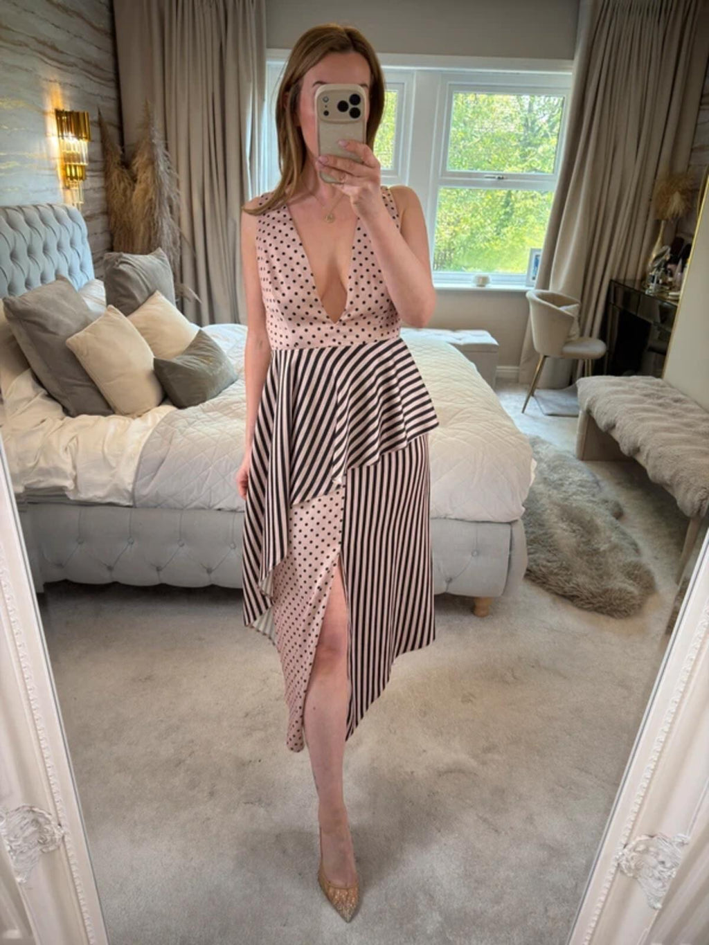 ASOS Pink & Black Spotty & Stripe Open Back Plunge Midi Dress 10