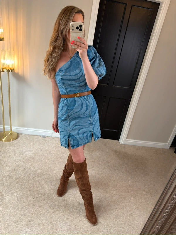 ASOS Denim One Shoulder Puff Sleeve Retro Style Mini Dress Size 10
