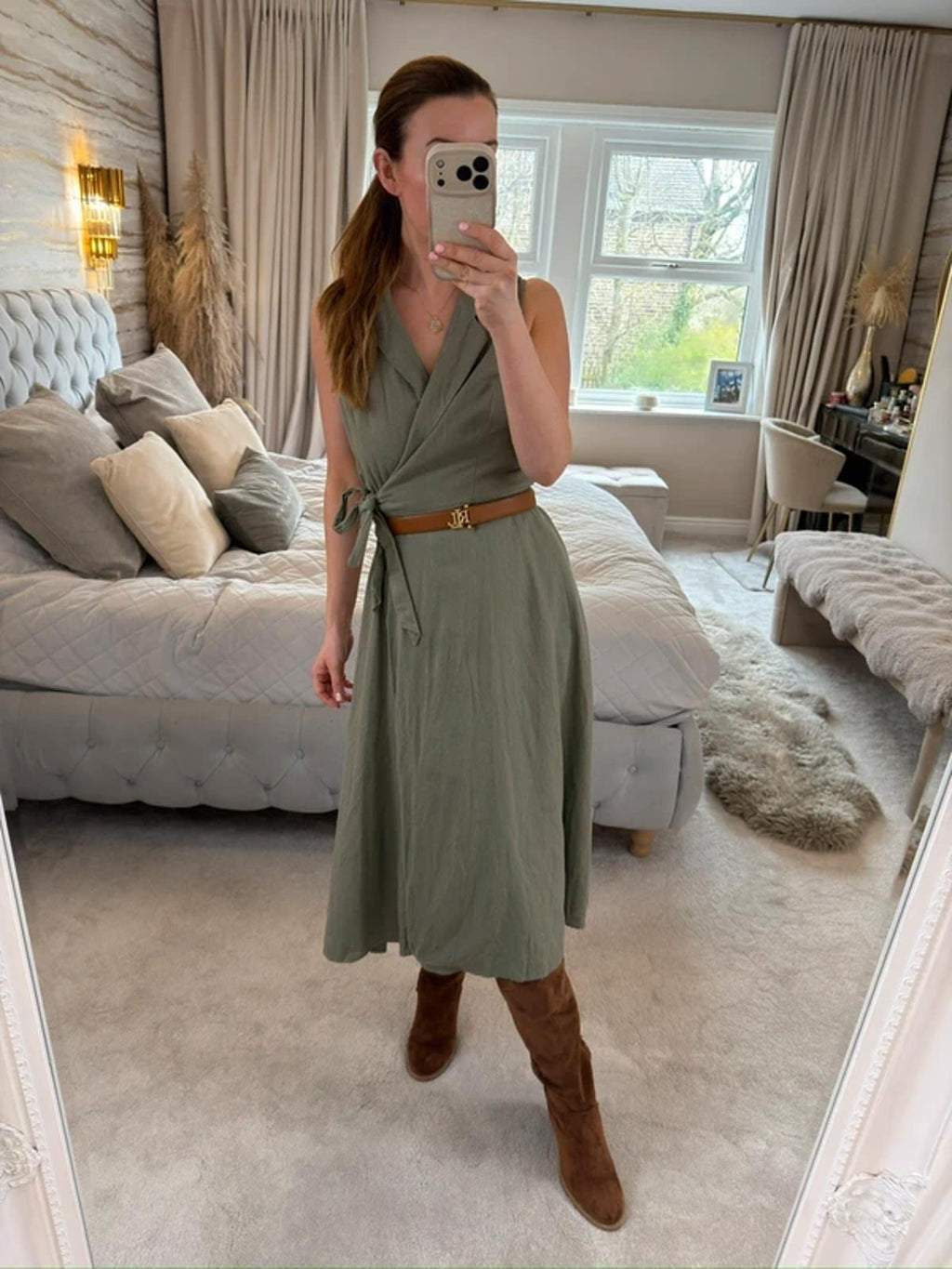 DKNY Khaki Linen Blend Wrap Dress 8