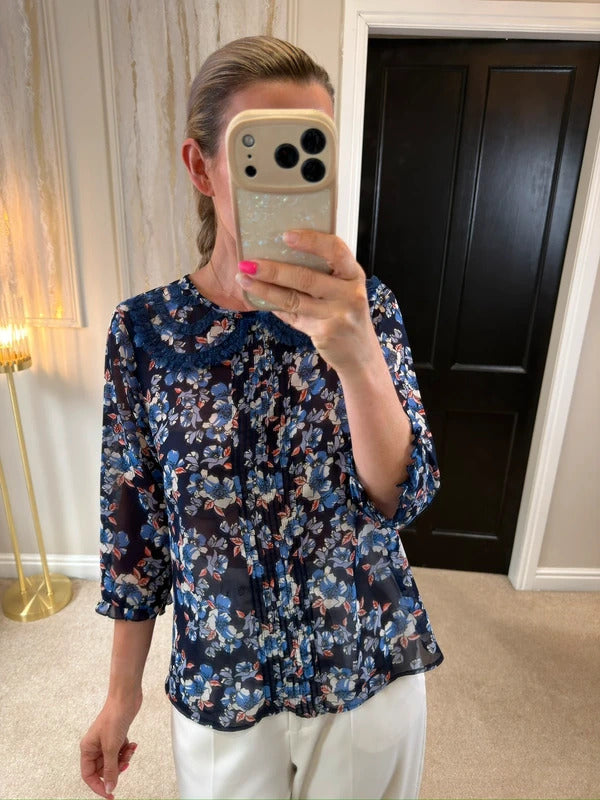 River Island Semi Sheer Blue Floral Lace Collared Blouse 12
