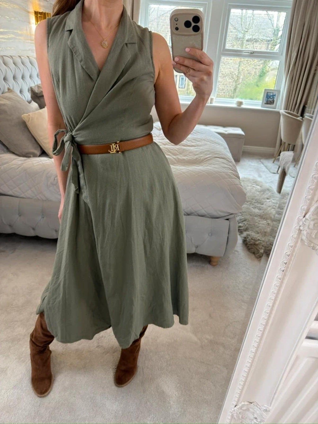 DKNY Khaki Linen Blend Wrap Dress 8