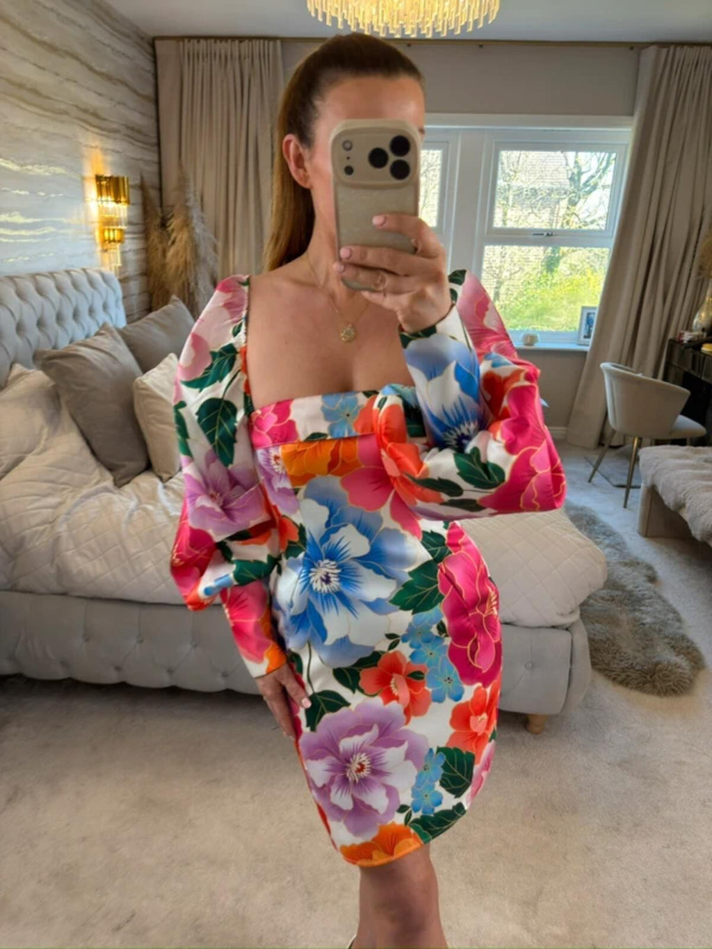 ASOS Luxe Multicoloured Floral Open Back Puff Sleeve Dress 8