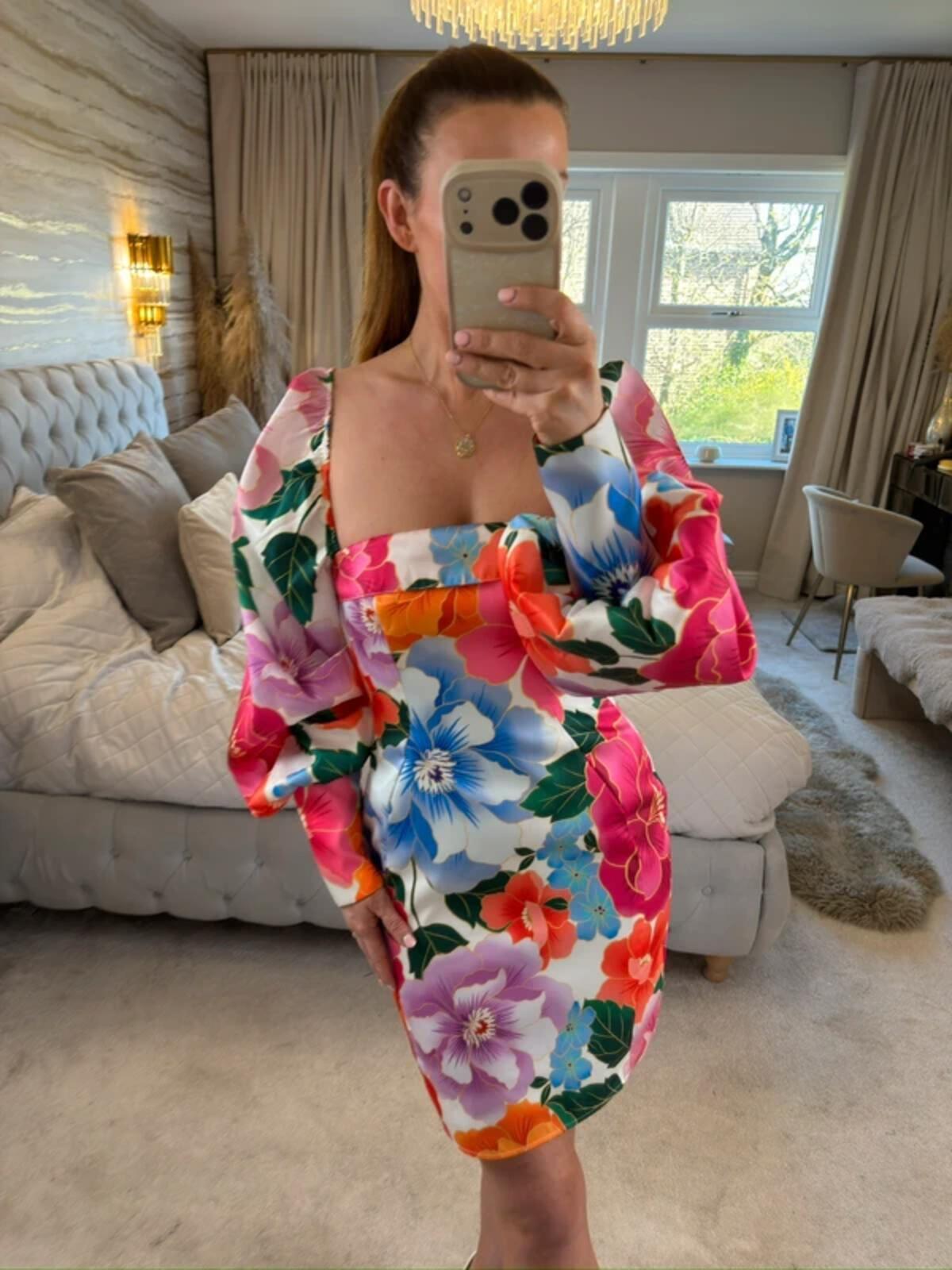 ASOS Luxe Multicoloured Floral Open Back Puff Sleeve Dress 8