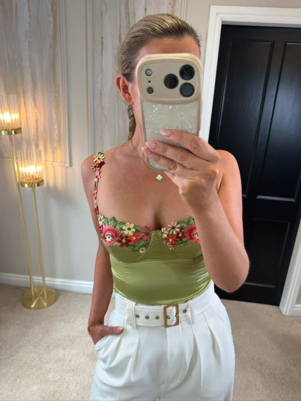 BNWT Princess Polly Green Satin Floral Bralette 6