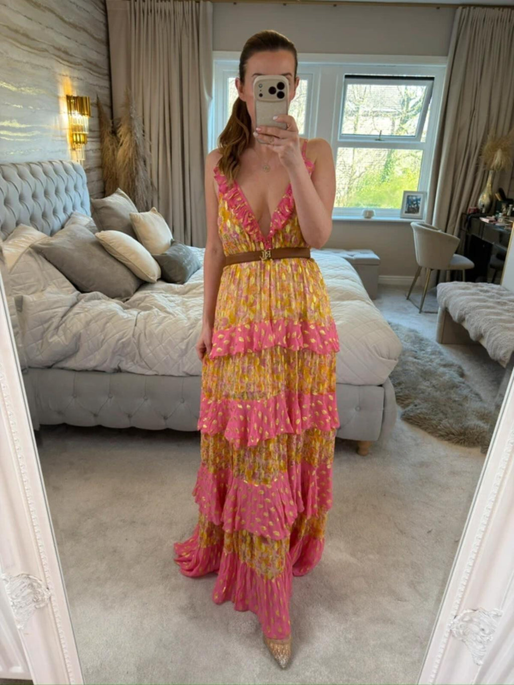Miss June Pink & Gold Bohemian Maxi Dress One Size