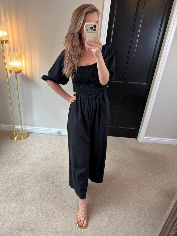 ASOS Navy Cotton & Linen Blend Wide Leg Cropped Jumpsuit 14/16