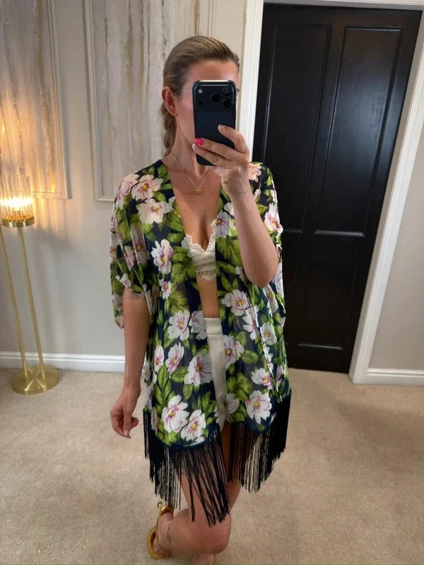 Urmoda Navy Floral Fringe Kimono Medium