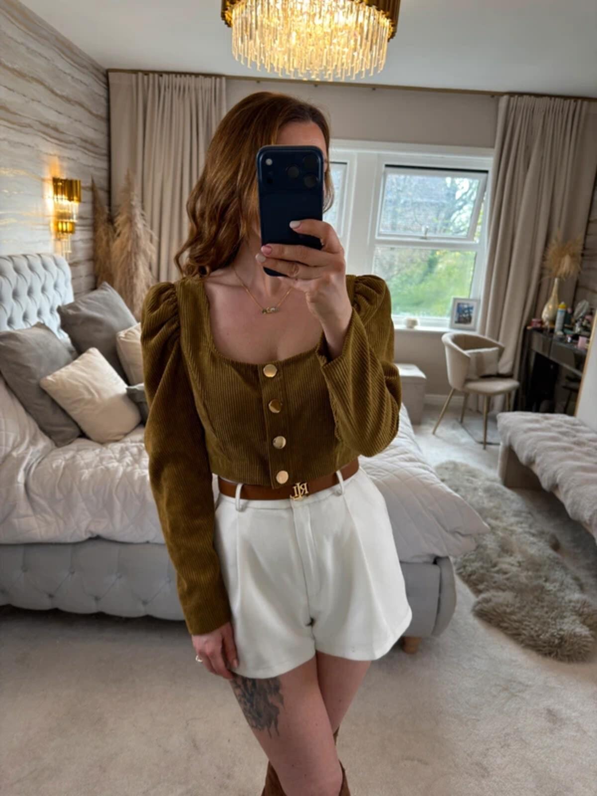 Zara Brown Corduroy Puff Sleeve Top Medium