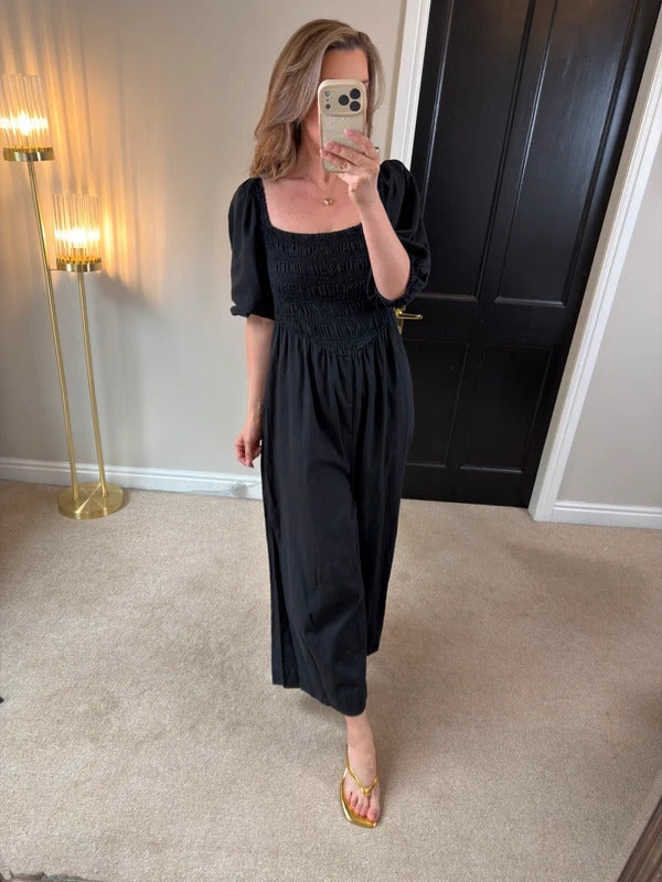 ASOS Navy Cotton & Linen Blend Wide Leg Cropped Jumpsuit 14/16