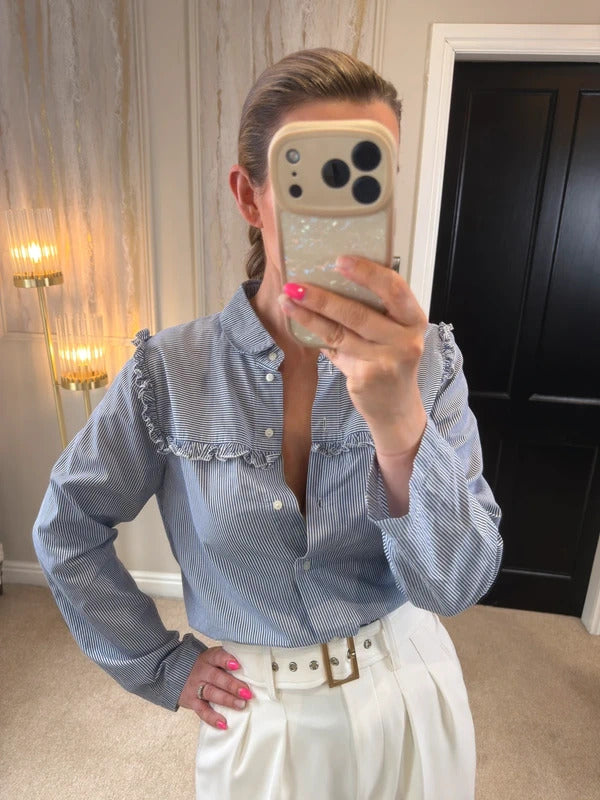M&S Limited Edition Blue & White Stripe Frill Shirt Size 14