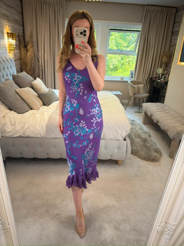 Vintage Monsoon Purple Floral Silk Devore Midi Dress 10/12
