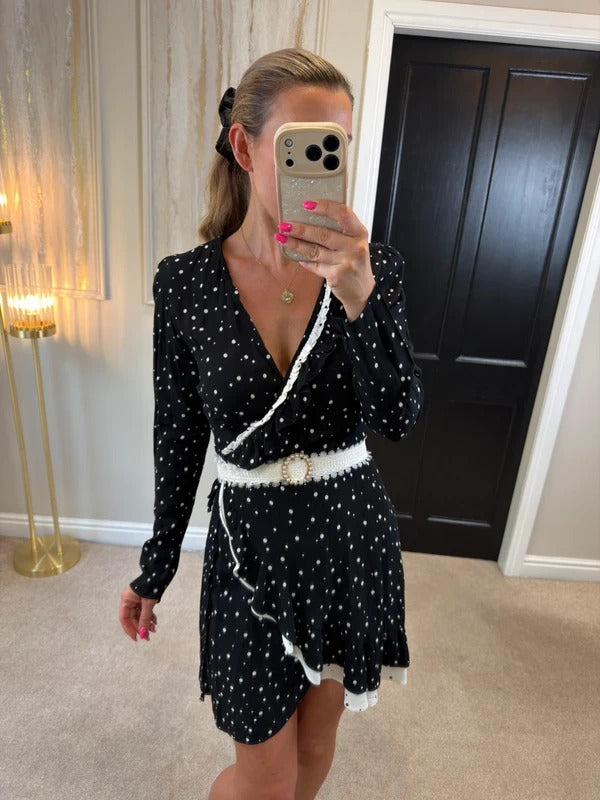 Nobody’s Child Black & White Polka Dot Frill Wrap Dress Size 8