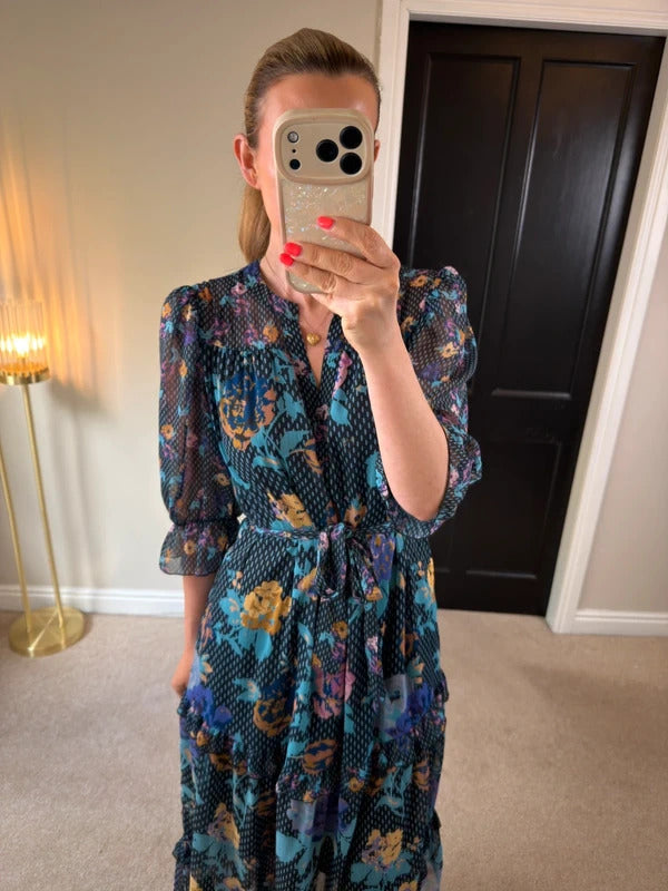 Next Navy Floral Tiered Frill Midi Dress 12