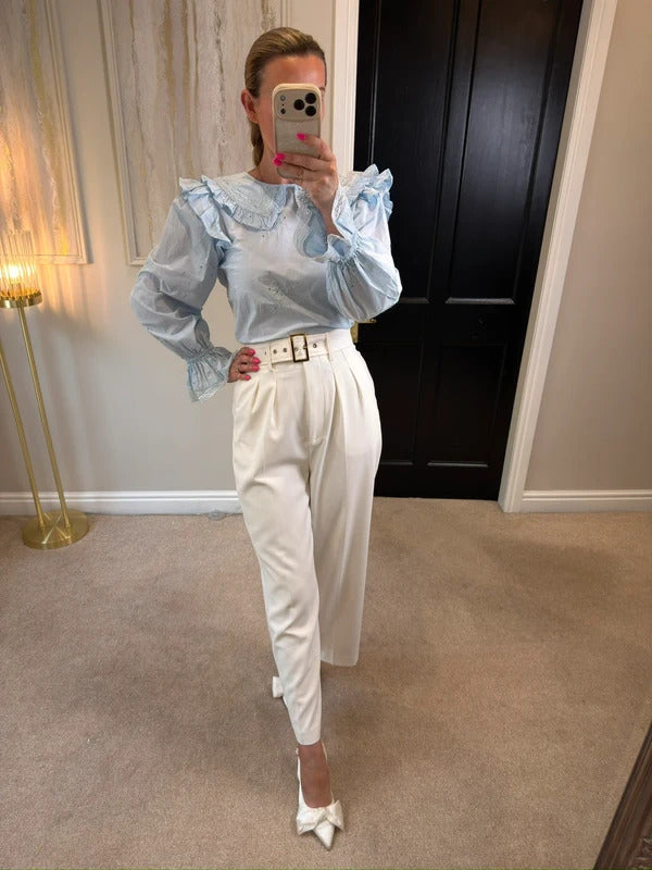 BNWT River Island Light Blue Frill Blouse Petite Size 10