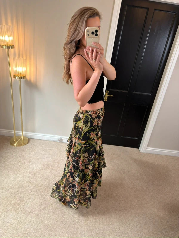 M&S Black Floral Tiered Maxi Skirt 10