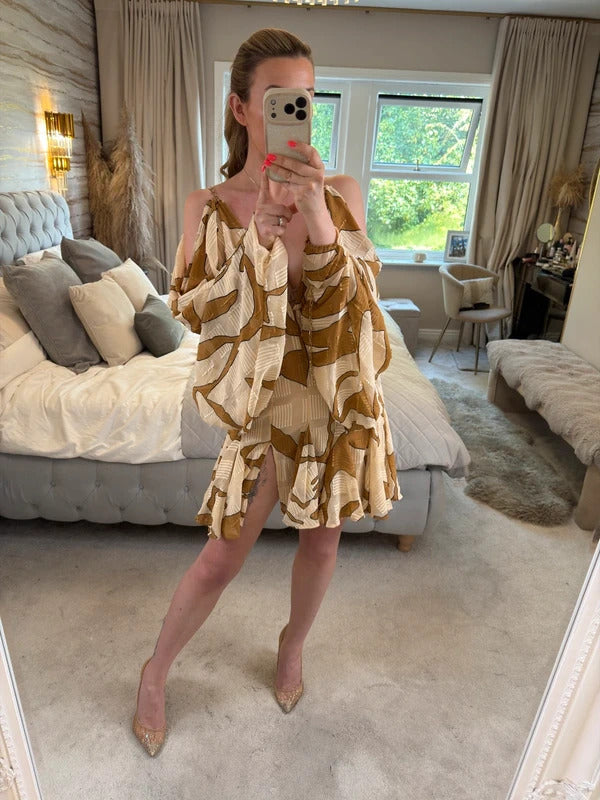 ASOS Beige & Brown Boho Gold Chain Open Back Mini Dress 10