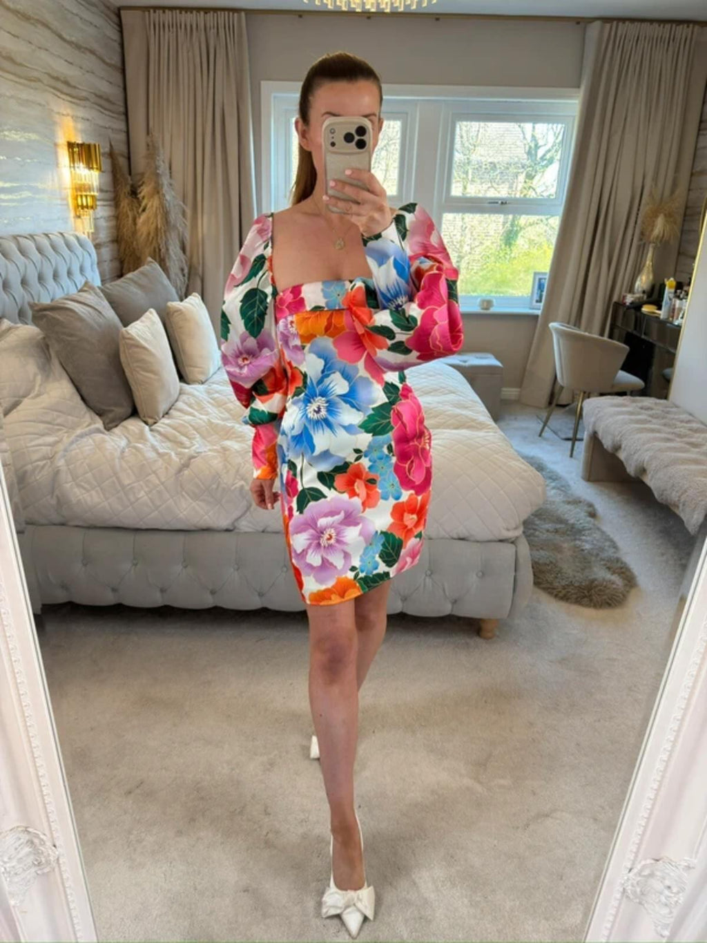 ASOS Luxe Multicoloured Floral Open Back Puff Sleeve Dress 8