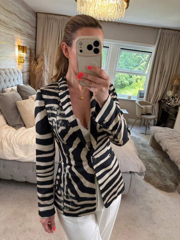 Zara Black & Cream Animal Print Blazer Small