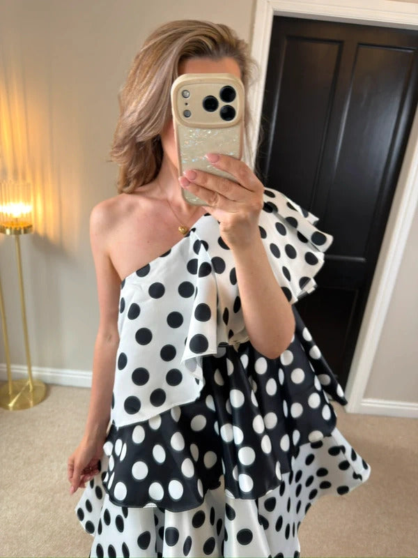 BNWT Forever Unique Black & White Polka Dot Layered One Shoulder Dress 8