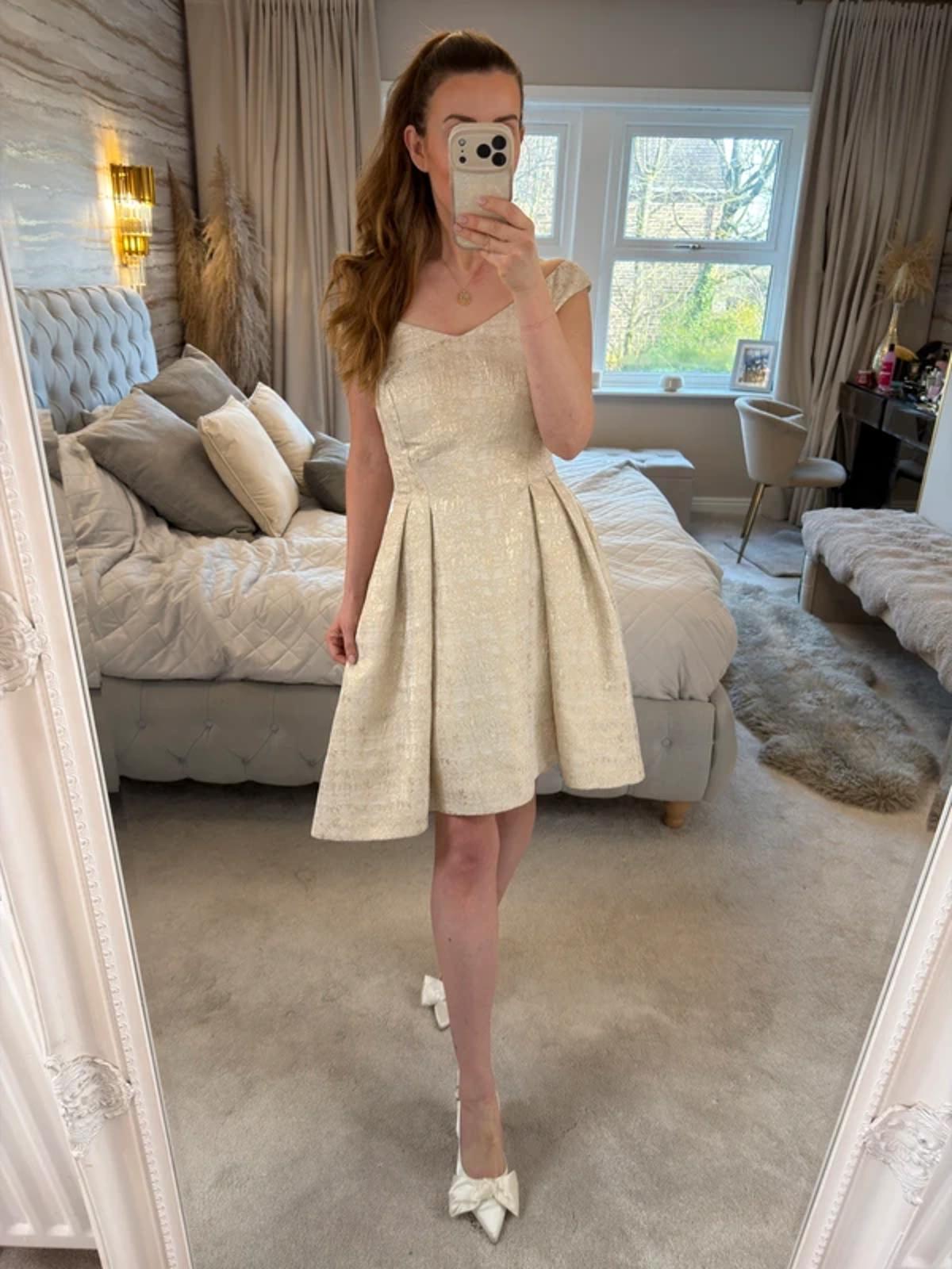 Coast Ivory & Gold Dip Hem Dress 12