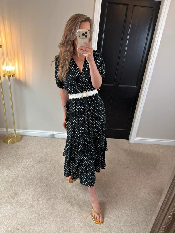 Knox Rose Black & White Tie Wrap Tiered Midi Dress Large
