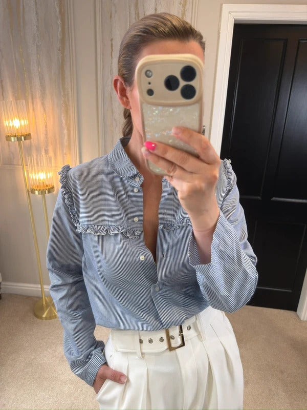M&S Limited Edition Blue & White Stripe Frill Shirt Size 14