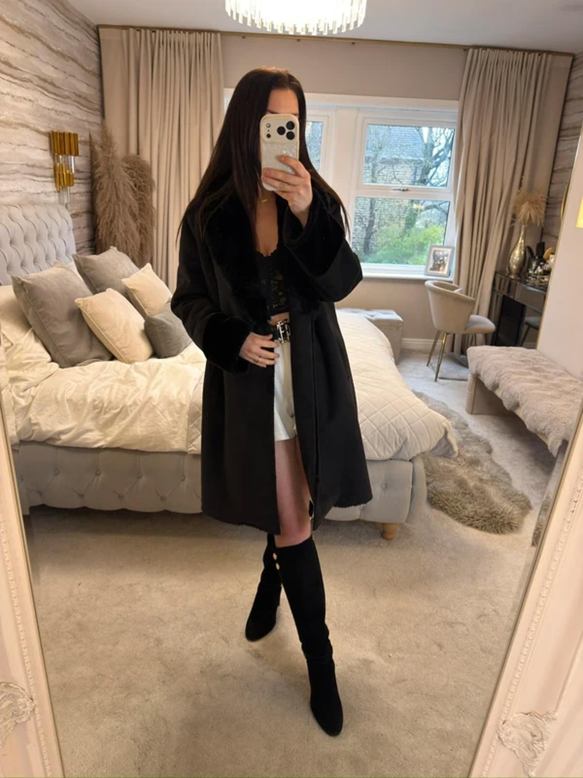 Jigsaw Black Faux Fur Coat Medium
