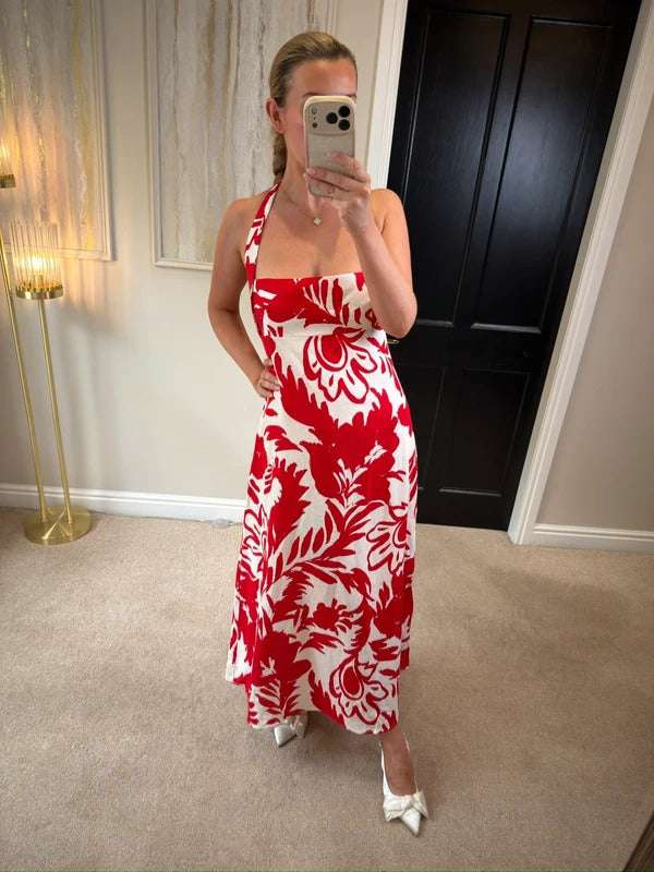 BNWT Zara Red & White Linen Blend Dress Large