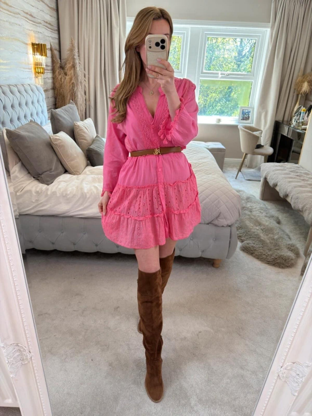 American Flirt Pink 100% Cotton Mini Dress Large
