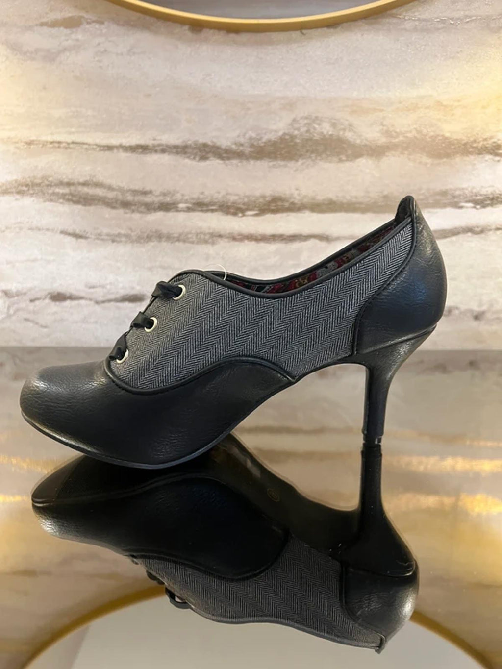Joe Browns Black & Grey Herringbone Ribbon Lace Heels 6