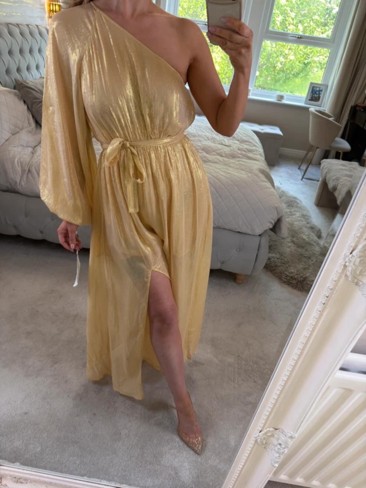 BNWT Sundress Gold Metallic One Shoulder Belted Dress Small