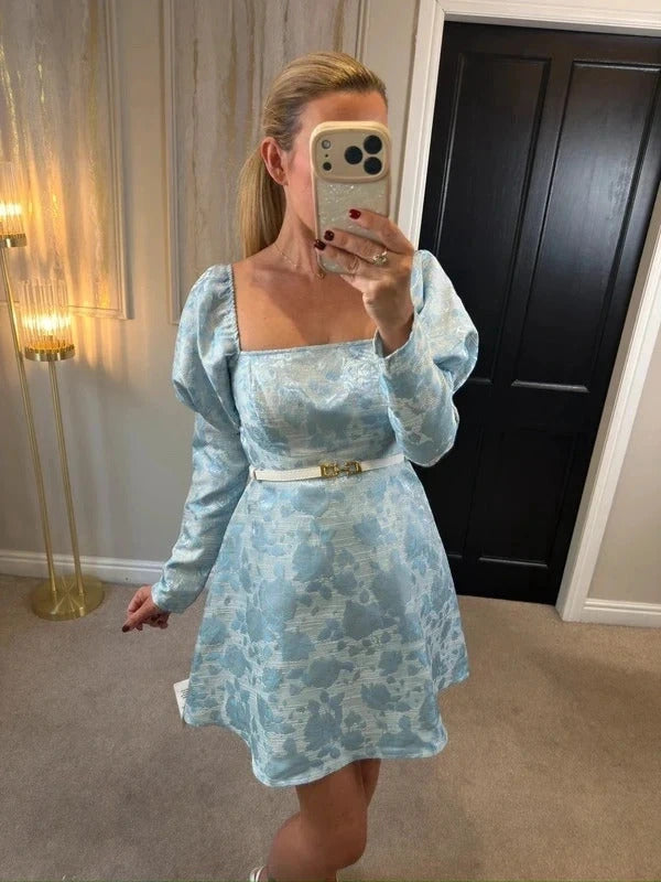 BNWT Miss Selfridge Blue Metallic Jacquard Floral Milkmaid Dress Small