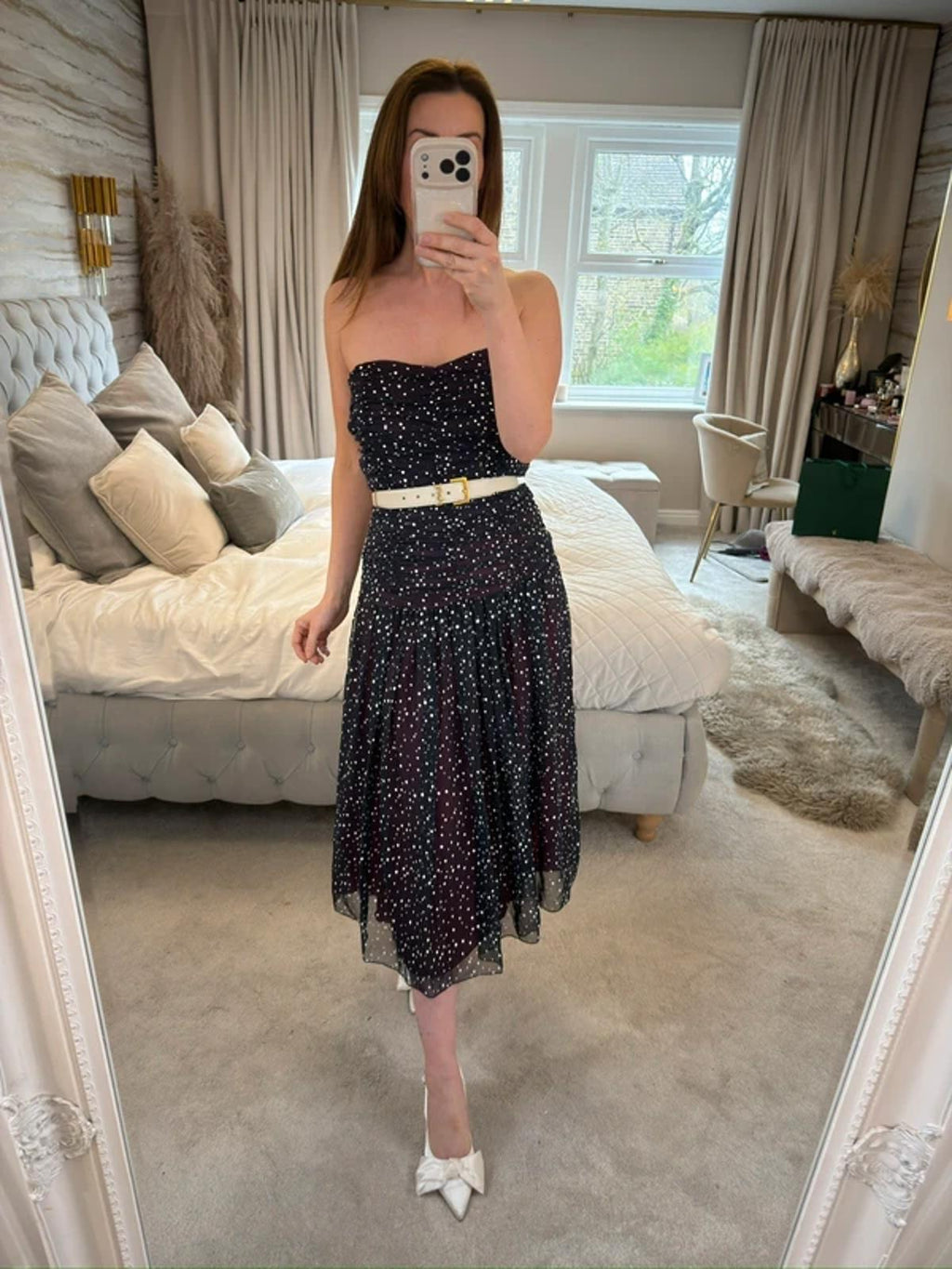 Vintage Navy Spotted Strapless Midi Dress 10/12